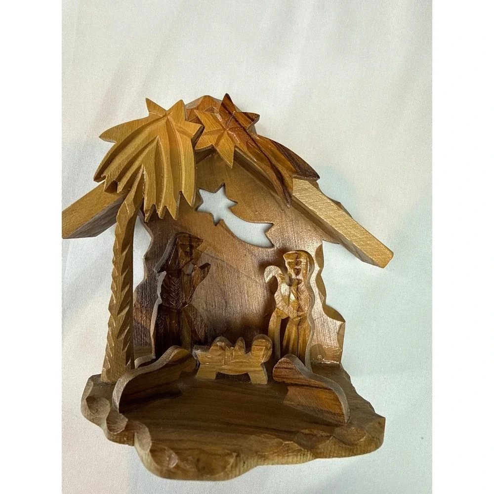 Hand Carved Olive Wood Nativity Scene Small Rustic Christmas Stable Ornament